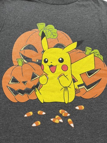 Pokemon Halloween T-shirt Unisex Size XS (4/5) Gray Pikachu Pumpkins Candy Corn - Picture 2 of 4