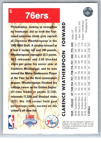 1992 Upper Deck NBA Draft Clarence Weatherspoon Philadelphia 76ers Rookie #5 - Picture 2 of 2