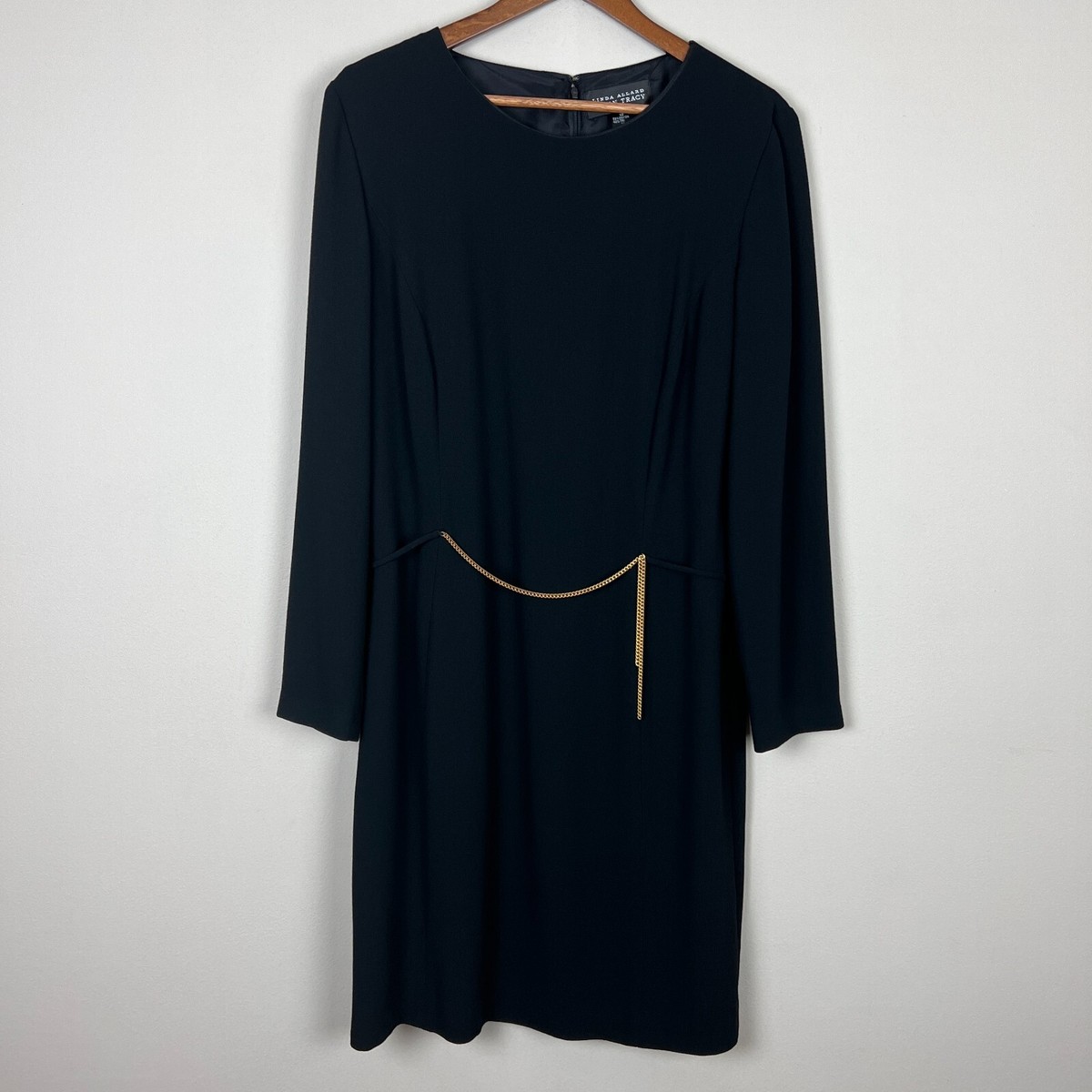 Linda Allard Ellen Tracy Dress Women 12 Black Sheath Chain Long Sleeve Old Money