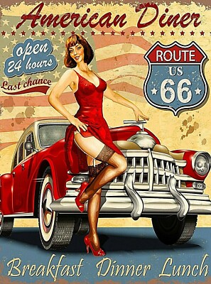 American Diner Route 66 Car Girl United States Retro Travel Art Poster Print