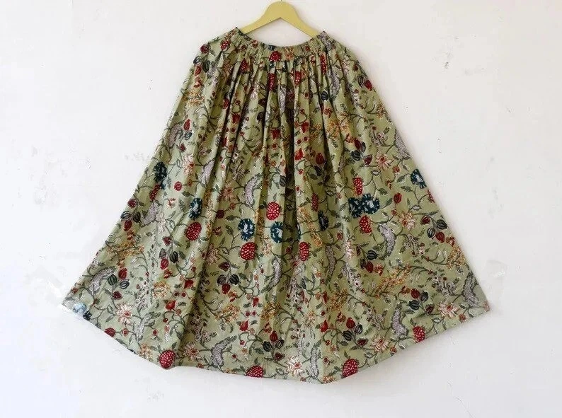 Indian Cotton Skirt Green Floral Skirt, Long Skirt, Free Size Beachwear Skirt AU