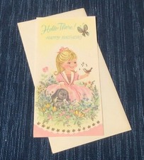 Vtg Unused MCM Hello There Happy Birthday Card Dog Bird Butterfly Girl 937A