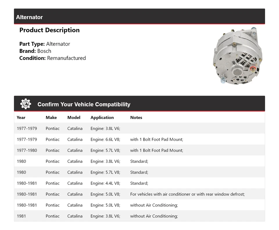 Alternador para Pontiac Catalina Bosch 1977-1981 (remanufacturado) 1978 1979 1980 Foto 2 de 4