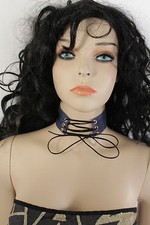 Women Wide Denim Blue Color Fabric Fashion Corset Style Choker Necklace Long Tie