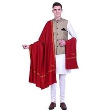 Men's Kashmiri Hand Embroidered Pure Wool Shawl, Color Marron