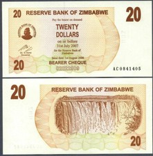 Zimbabwe 20  Dollars Bearer s Cheque 2006 UNC Uncirculated New P-40