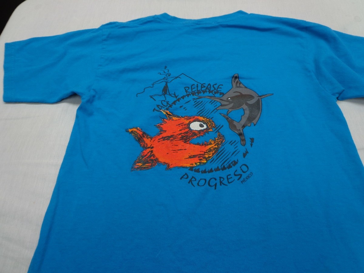 Pirana Joe ~ Progeso Mexico ~Tag & Release Blue T Shirt Size Small