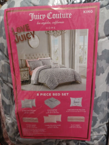 Juicy Couture Grigio Stampa Leopardata 8pz KING Set Letto Trapuntino, Federe, Lenzuola, Cuscino - Foto 5 di 5
