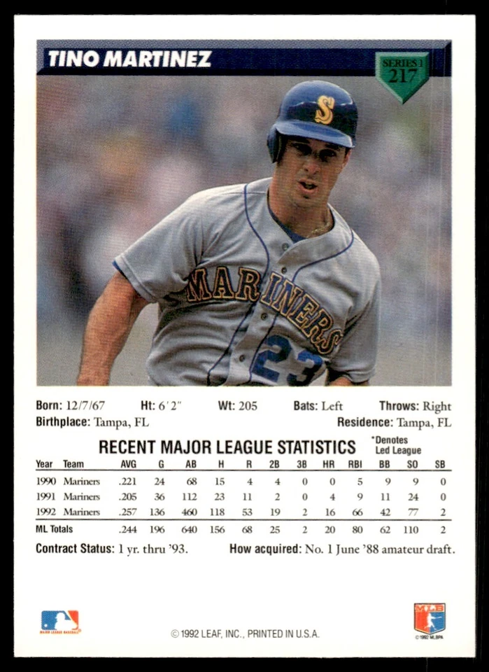 1993 Donruss Baseball Card Tino Martinez Seattle Mariners #217 - Image 2 of 2