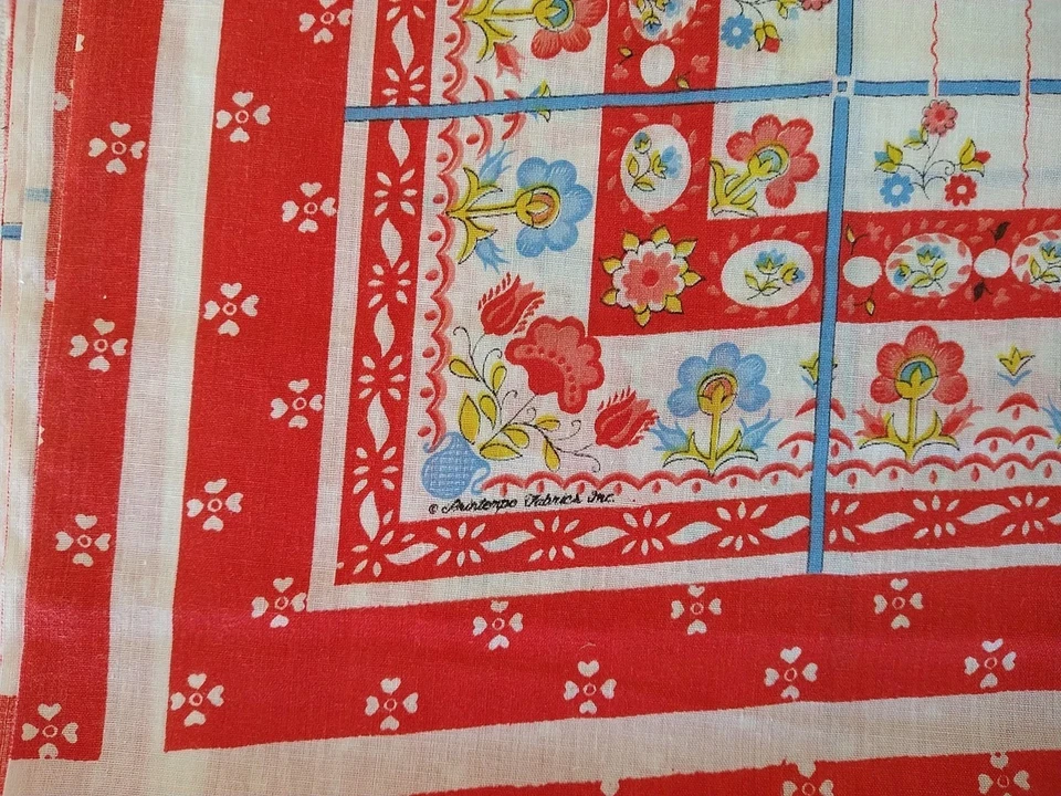 VTG Hearts & Floral FABRIC by Printempo Fabrics Red Blue 24x24" - Image 4 of 4