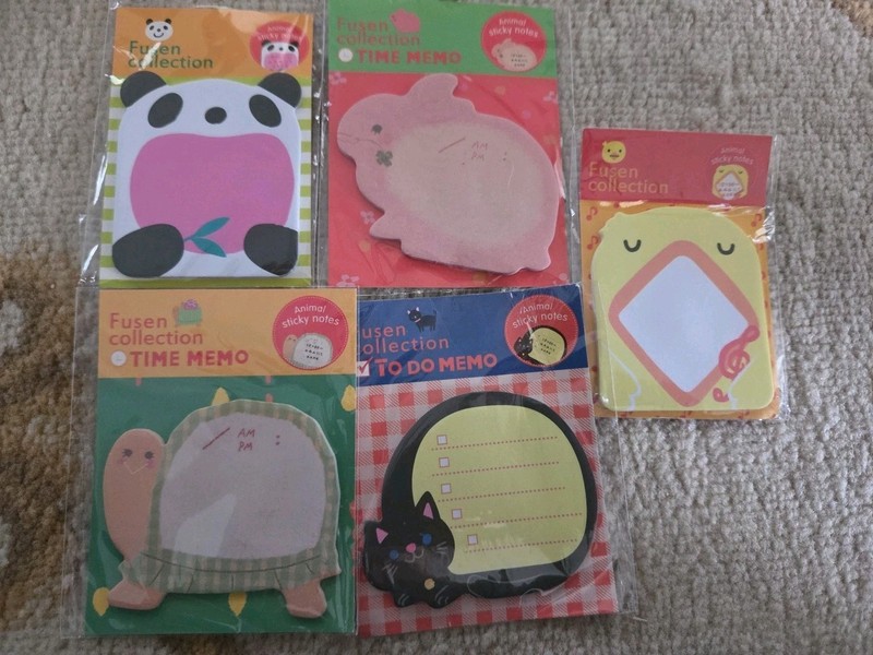 5 Fusen Collection Animal Sticky Notes 1 Rabbit, 1 Cat, 1 Turtle, 1 Panda 1 Duck