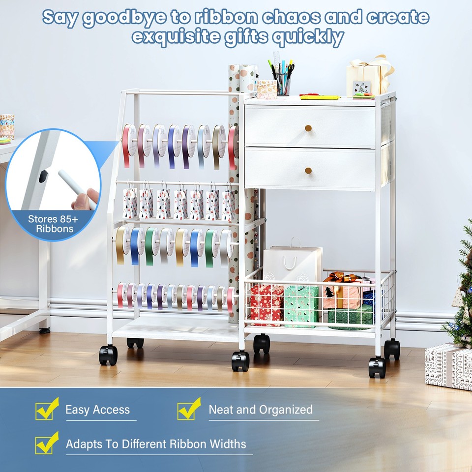 TC-HOMENY Movable Wrapping Paper Storage Cart Ribbon Craft Organizer ...