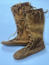 Minnetonka Mens 7 Lace Up Fringe Tall Boot Brown Suede Knee High Boho Moccasin