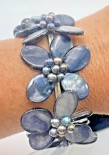 Midnight Elegance Mother Of Pearl Floral Adjustable Cuff Black Beach Boho