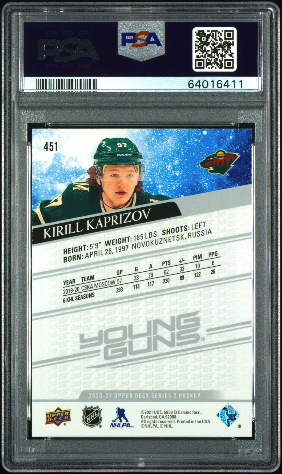 2020/21 Upper Deck Kirill Kaprizov #451 Young Guns Rookie PSA 9 view 2