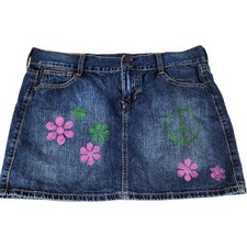 Boho Festival Denim Hippie Mini Skirt Women's Size 10 Peace Flower Y2K Gypsy