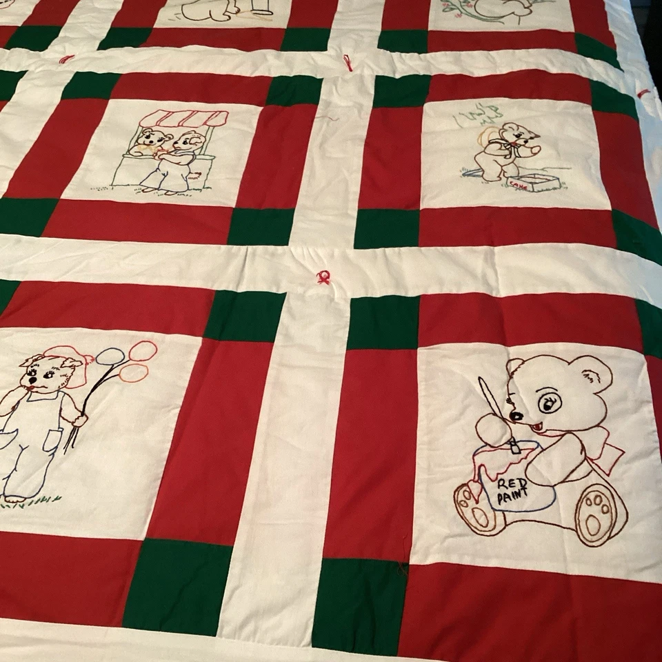 Child's Teddy Bear Bedding Comforter 94" x 90" Embroidered Gingham Red Green - Image 2 of 4