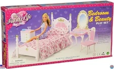 Fancy Life Dollhouse Bedroom & Beauty Furniture Set - White & Pink Floral Design