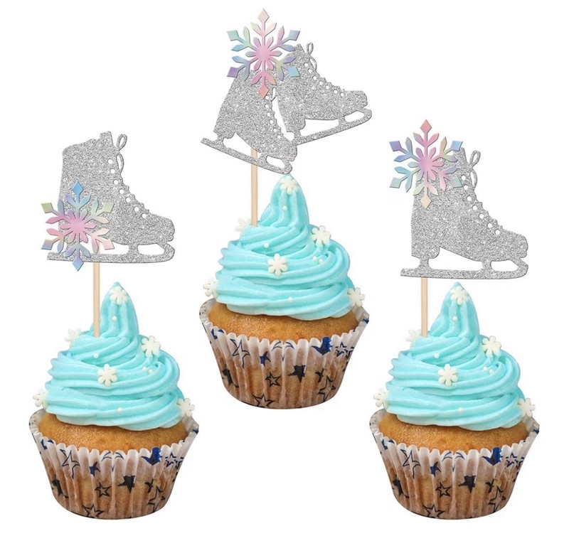 12 Ice Skating Cupcake Toppers Silver Glitter Snowflake Birthday Party Picks