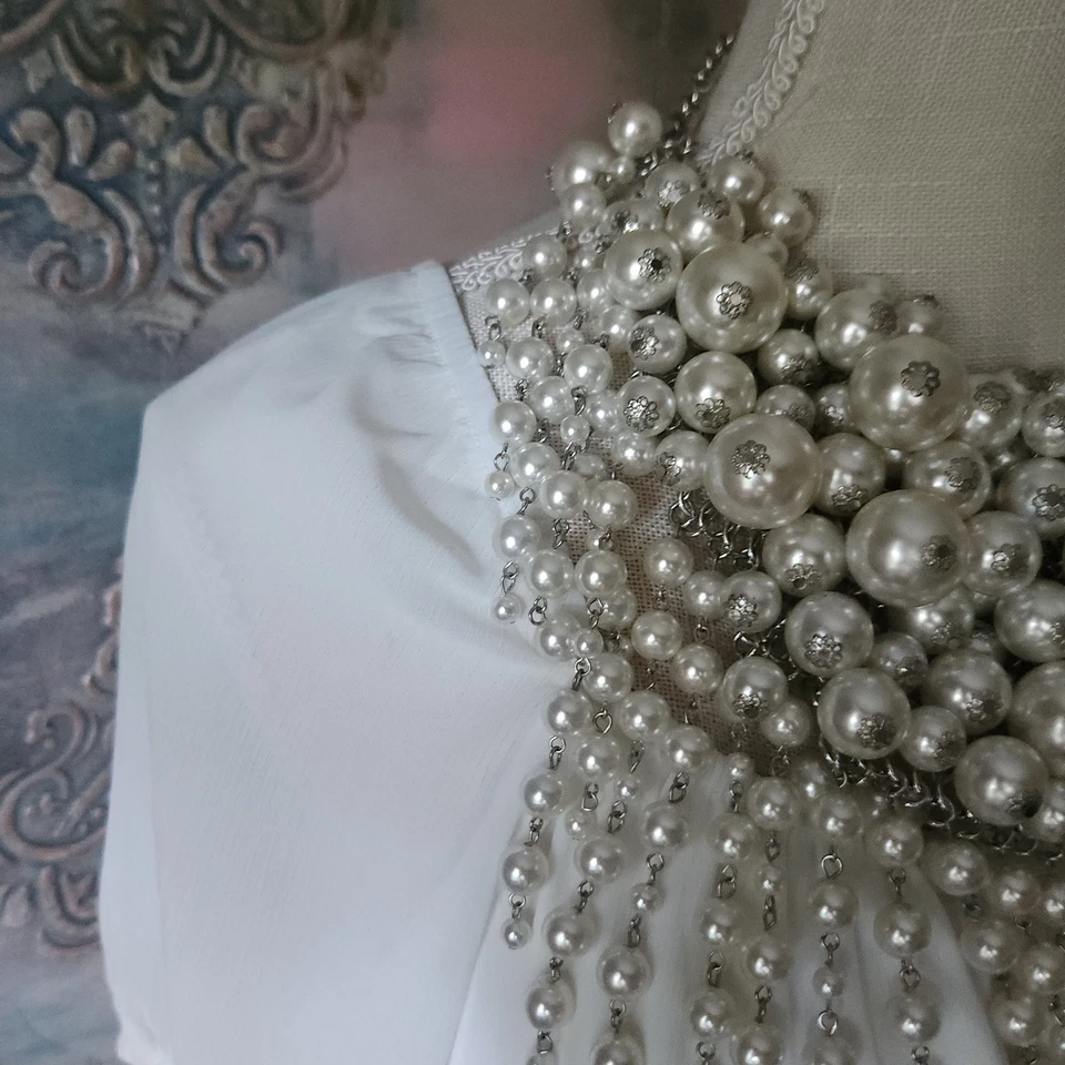Oversized Statement Bib Necklace with Cascading Faux Pearls - Image 3 of 4