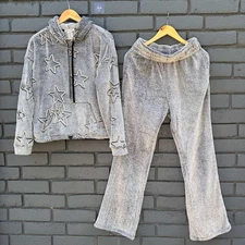 Wms FAUX FUR  2 Piece Hoodie Sweatshirt & Flared Pants Lounge Set Soft Cozy Star