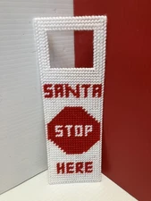 Handmade Plastic Canvas Needlepoint Door Sign Hanger CHRISTMAS “SANTA STOP HERE”