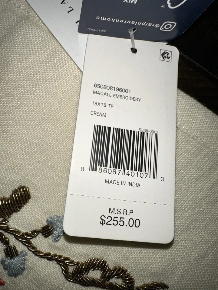 RALPH LAUREN Macall Floral Embroidery Linen Pillow Cover 18x18 NWT $255 LOT Of 4 - Image 4 of 4