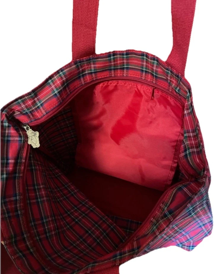 Bolso de Mano De Colección Disney Winnie The Pooh Bordado Tartán Cuadros Rojo Shopper Usado en Excelente Condición Foto 4 de 4