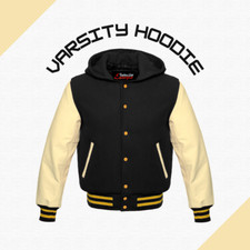 Varsity Letterman Baseball Men  s Bomber Jacket Hoodie Real Leather Sleeves