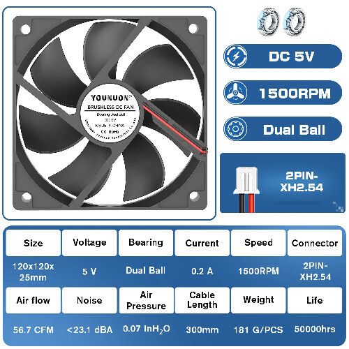 Double Ball 120x120x25mm Cooling Fan DC 5V 12V 24V 48V 12cm 120mm Cooler Fan - 第 8/13 張圖片