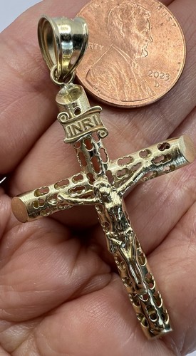 GOLd cross jesus christ inri Pendant 10k religious necklace crucifix Charm 2" - 第 1/13 張圖片