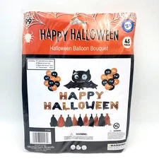 Rare HAPPY HALLOWEEN BALLOON BOUQUET Large Mylar Bat, Letters, Balloons, Tassels