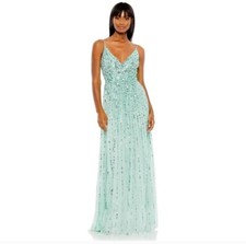 Mac Duggal Sequinned Gown Size 0x (14-16) Mint Green Thin Straps NWT