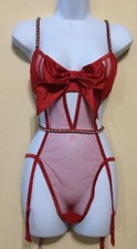 New Victorias Secret Rhinestone Strappy Teddy Bodysuit Garter Medium Red N5727