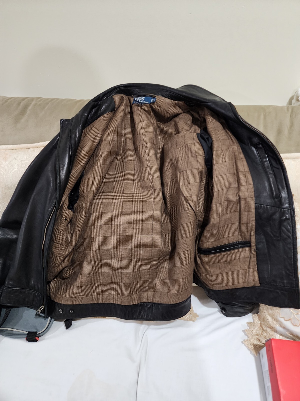 Polo Ralph Lauren Giacca in Pelle Cerniera Piena Piccolo Pony Nero Uomo XL