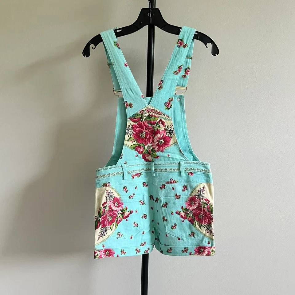 NUEVO SIN ETIQUETAS Manoush Para Mujer Mono Azul Denim Jeans Floral Flores Corte Pantalones Cortos 34 Foto 4 de 4