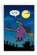 1 Funny Halloween Card with Envelope - Cat On Broom C7091HWG