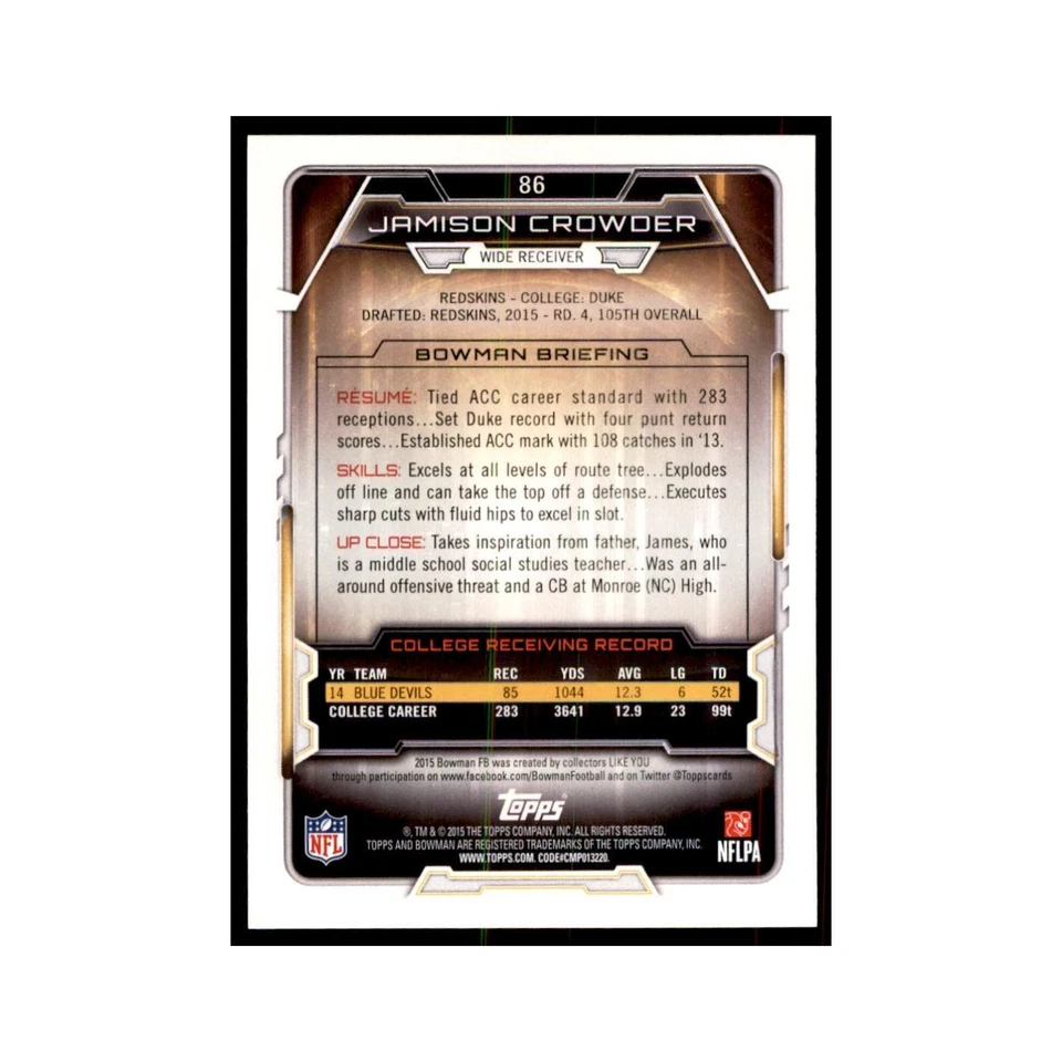 2015 Bowman Jamison Crowder RC Football Cards #86 - Image 2 of 3