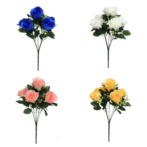 Bouquet de rose froissée 5 têtes et tiges avec feuilles et gypsophile 31 cm de long - Photo 1 sur 5