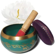 Hand Crafted Tibetan 3" x 5" inch Hammered Green & Gold color Singing Bowl Set