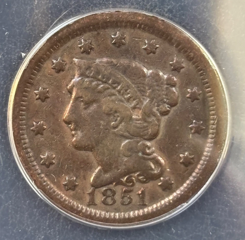 1851 Braided Hair Large Cent 1C ANACS VF20 Details Edge Damaged (#865) - Image 3 of 4