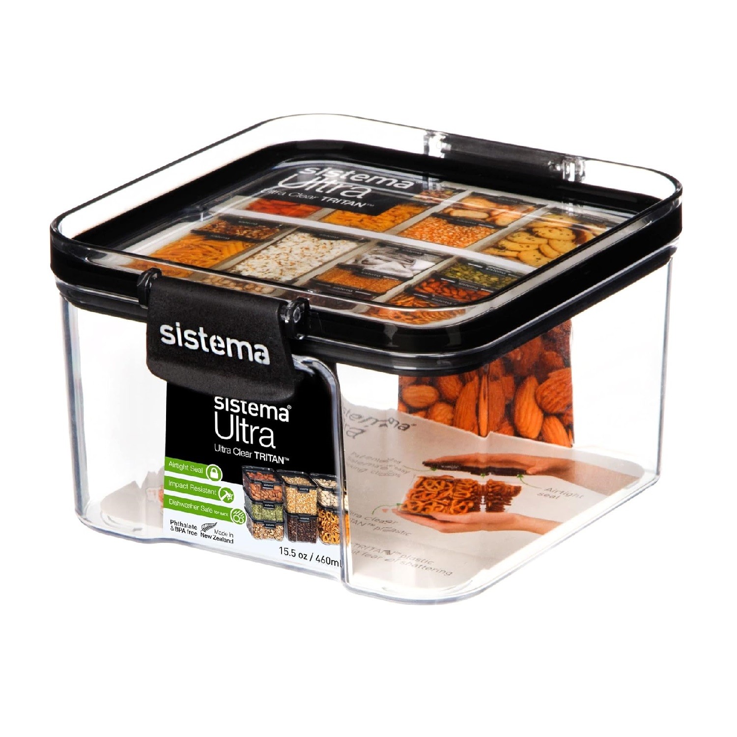 1x Sistema Tritan Ultra Square Food Storage Container Black 460ml-15.5oz