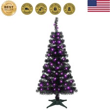 Lighted Artificial Halloween Black Christmas Tree, 4FT Black Tinsel Pine Tree...