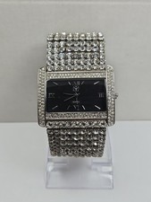 Suzanne Somers Womens Silver Tone Pave Crystal Wide Watch Black Dial New Battery