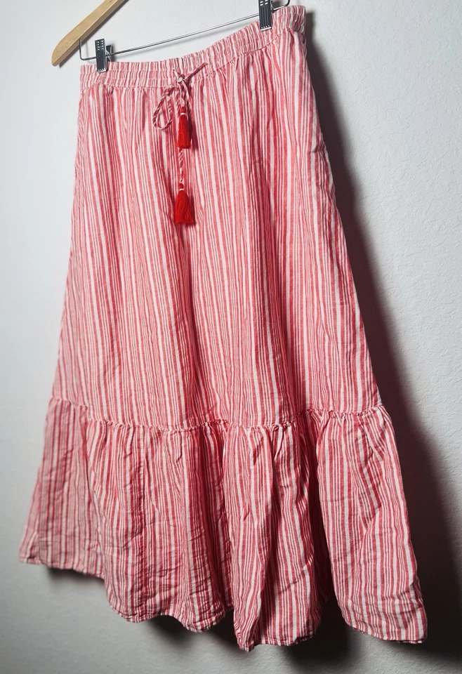 Maxi Falda Talbots Mezcla de Lino Rayas Rojas Talla M Forrada Volantes Acampanada Borla Boho Foto 4 de 4