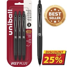 Uniball 207 Black Retractable Gel Pens 3 Pack with Medium 0.7mm Points