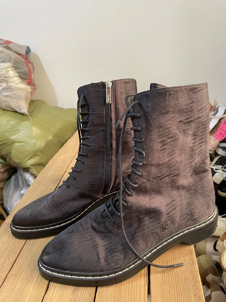 The Row Fara combat boots in a distressed black silk blend material size 38 EU - Image 3 of 4