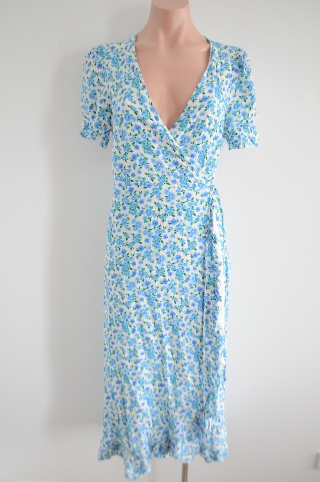 iris Maxi Wrap Dress Womens Size 12 Blue White Floral Short Sleeve Midi