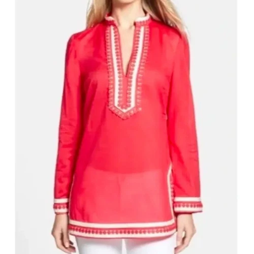 Tunica Tory Burch manica lunga in cotone rosso carnevale