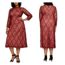 NWT Tadashi Shoji Binx Embroidery Tea-Length Dress Size 22Q Rosewood Nude Formal